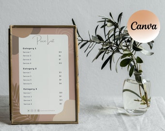 Modello di listino prezzi Boho, Foglio prezzi modificabile Canva, Listino prezzi stampabile, Boho Business, Unghie, Ciglia, Salone, Ceretta, Intrecciatura, 5 dimensioni