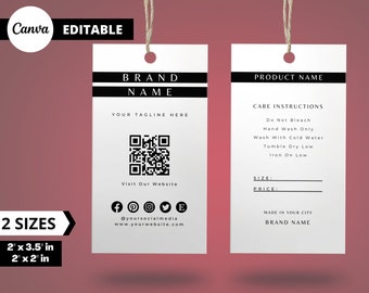 Könnte beinhalten: Zwei weiße Anhänger mit schwarzem Text. Der linke Anhänger hat einen QR-Code, Social-Media-Symbole und den Text "BRAND NAME", "YOUR TAGLINE HERE", "Visit Our Website", "@yoursocialmedia" und "www.yourwebsite.com". Der rechte Anhänger hat den Text "PRODUCT NAME", "CARE INSTRUCTIONS", "Do Not Bleach", "Hand Wash Only", "Wash With Cold Water", "Tumble Dry Low", "Iron On Low", "SIZE:", "PRICE:", "MADE IN YOUR CITY" und "BRAND NAME".