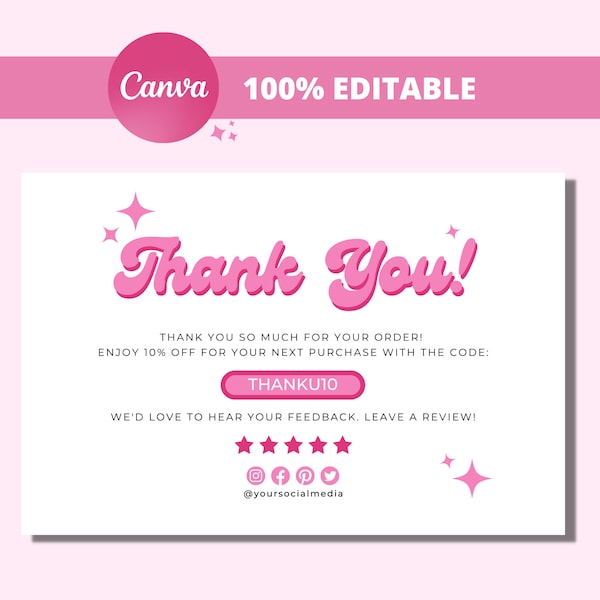 Pink Retro Thank You Card Template, Canva Editable, DIY, Small Business, Beauty Business Card, Beauty Business Branding, Instant Download