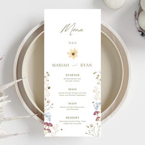 Plantilla de menú de boda bohemia, plantilla de menú de flores silvestres, editable en Canva, menú para imprimir, menú de eventos, plantilla de menú de flores bohemia, menú de lugar, 4x9