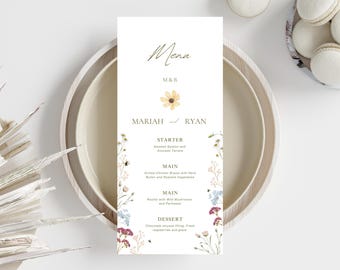 Boho Wedding Menu Template, Wildflower Menu Template, Canva Editable, Printing Menu, Event Menu, Boho Flowers Menu Template, Place Menu, 4x9