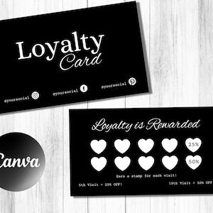 Modelo de cartão de fidelidade preto, Canva editável, para impressão, cartão de recompensas moderno, cartão de fidelidade do cliente, branding, maquiador, cabeleireiro