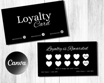 Black Loyalty Card Template, Canva Editable, Printable, Modern Rewards Card, Customer Loyalty Card, Branding, Makeup Artist, Hairstylist