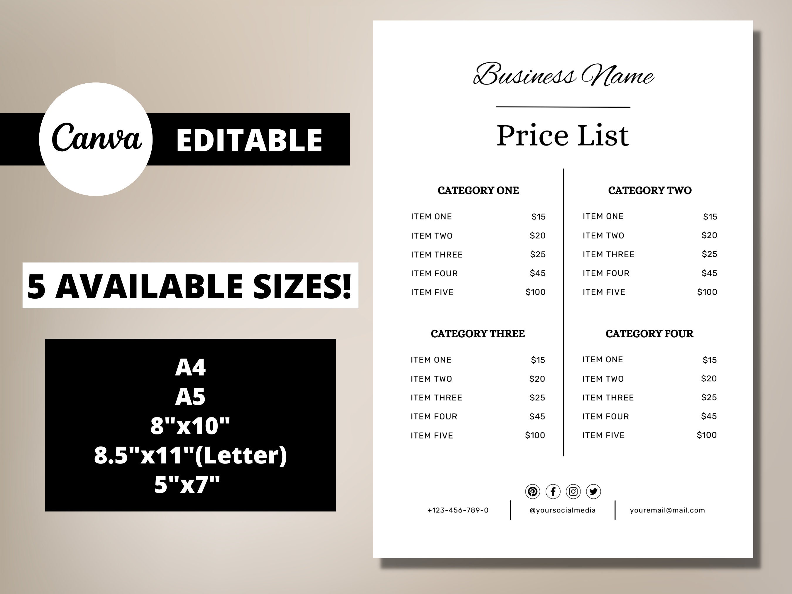 Price List Template, Printable Price List, Minimalist Price List, Canva ...
