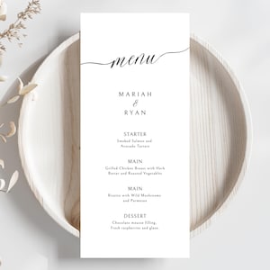 Hochzeitsmenüvorlage, Hochzeitsmenükarte, Canva bearbeitbar, Druckmenü, modernes Menü, minimalistische Menüvorlage, einfaches Hochzeitsmenü, 4x9