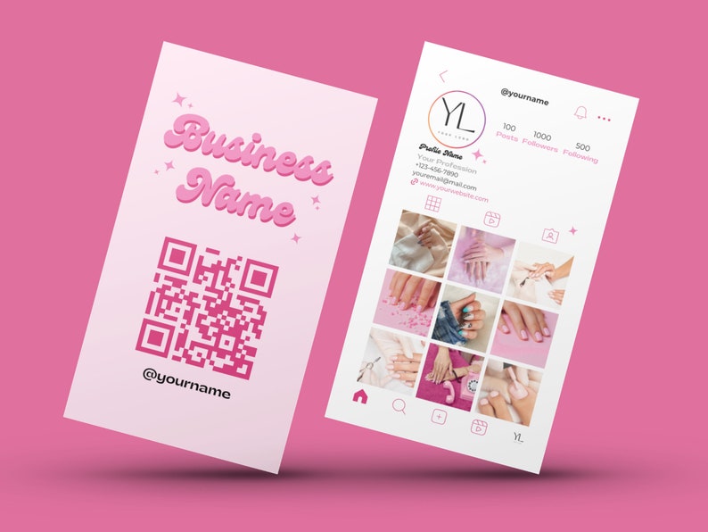 Modèle de carte de visite Instagram, carte rose rétro, carte de visite IG, carte de visite code QR, beauté, ongles, entreprise de cils, bricolage sur toile modifiable image 10