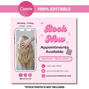 Bearbeitbarer Book Now Flyer, Termine verfügbar Vorlage, Retro Pink-Buchungsflyer, Haare, Schönheit, Nägel, Lash Business, DIY Canva-Vorlage