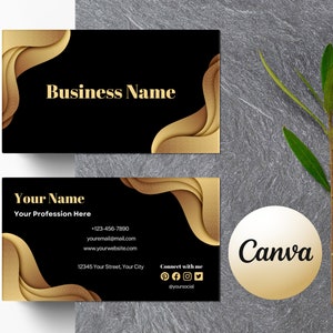 Black and Gold Business Card Template, Canva Editable, Luxury Design, Modern, Printable, Small Business Card, Elegant Black Gold Branding