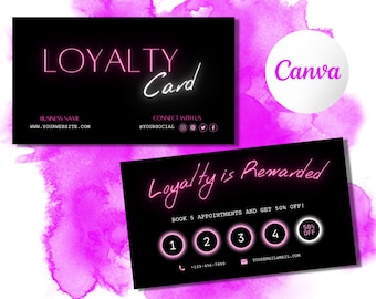 Loyalty Card Template, Pink Neon, Canva Editable, Printable, Chic, Small Business Card, Branding, Nails, Lashes, Makeup Artist, Waxing, Spa