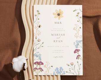 Wildflower Wedding Invitation Template, Boho Floral Template, Field Flowers Wedding, 5x7 Invitation Template, Floral Wedding, Canva Editable