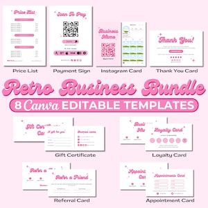 Retro Pink Branding Kit, Preisliste, Treuekarte, IG-Karte, Dankes-Karte, Scan-to-Pay, Geschenkgutschein, Empfehlung, Terminkarte, Canva