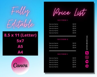 May include: A black and white price list template with pink neon text that reads "Price List". The template is divided into three sections, each with a list of services and prices. The template is fully editable and can be used for a variety of businesses.