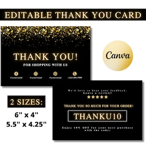 Dankeschön-Kartenvorlage, Schwarz und Gold Dankeschön-Kartenvorlage, Canva-editierbare Karte, DIY, Danke für Bestellung, Dankeschön-Beipackzettel