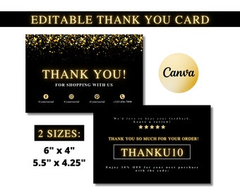 Thank You Card Template, Black and Gold Thank You Card Template, Canva Editable Card, DIY, Thank You For Order, Thank You Package Inserts