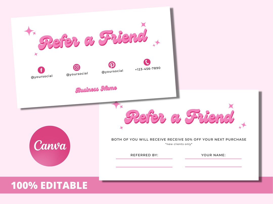Referral Card Template Pink Retro Card Refer a Friend Card Etsy