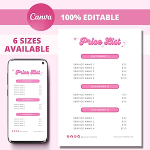 Retro Pink Price List Template, Canva Editable, Printable Small Business Price List, Nails, Lashes, Makeup Artists, Beauty Price List