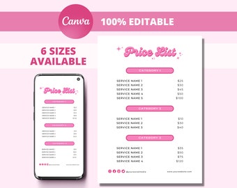 May include: A pink and white price list template with the text "Price List" in a pink retro font. The template is divided into three categories with a list of services and prices for each category. The template is available in six sizes and is 100% editable.