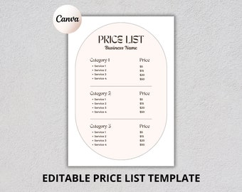 Editable Price List Template, Canva, Printable, Small Business Price List, Pricing List, Custom Menu, Beauty Salon Price List, Price Guide