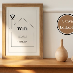以下が含まれることがあります： 家型のアイコン、太字の「wifi」という単語、そして「NETWORK ABCDEFGHIJKL PASSWORD 1234567890」というテキストが書かれた、印刷可能なWiFiパスワードサイン。サインは薄い茶色の木製のフレームに額装され、木製のテーブルの上に置かれています。