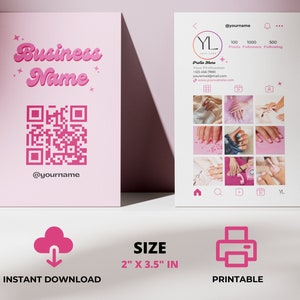 Modèle de carte de visite Instagram, carte rose rétro, carte de visite IG, carte de visite code QR, beauté, ongles, entreprise de cils, bricolage sur toile modifiable image 6