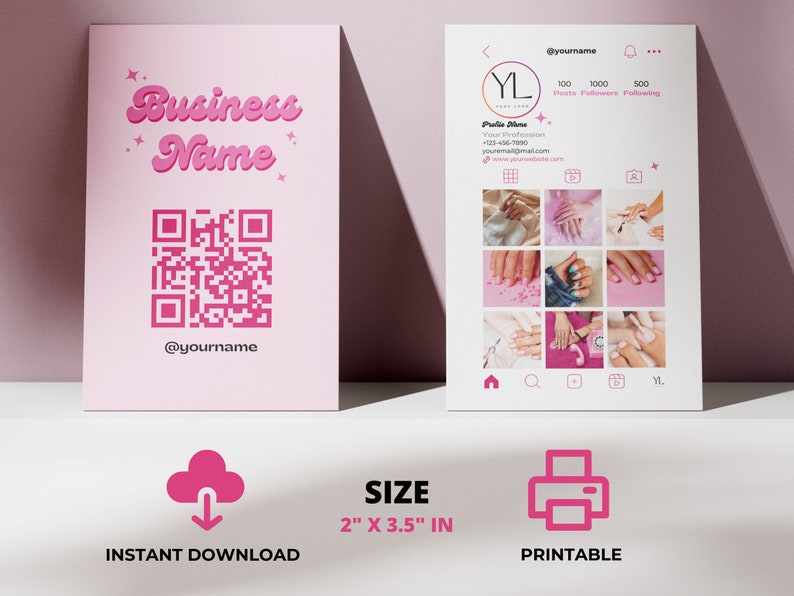 Modèle de carte de visite Instagram, carte rose rétro, carte de visite IG, carte de visite code QR, beauté, ongles, entreprise de cils, bricolage sur toile modifiable image 6