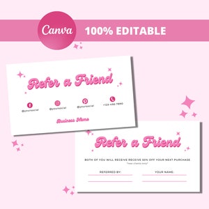紹介カード テンプレート、ピンクのレトロ カード、友達紹介カード、Canva 編集可能、ビジネス紹介カード、クライアント紹介カード、エステティシャン カード