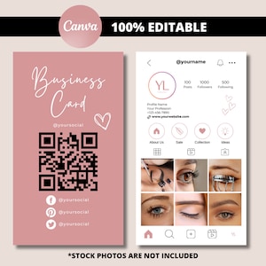 Szablon wizytówki Instagram, różowa wizytówka IG, karta z kodem QR, gotowe wizytówki, paznokcie, spa, biznes rzęs, DIY Canva edytowalny