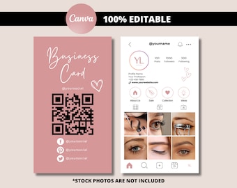 Modello di biglietto da visita Instagram, biglietto da visita IG rosa, carta con codice QR, biglietti da visita prefabbricati, unghie, spa, lash business, fai da te Canva modificabile