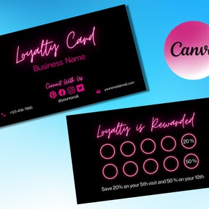 Loyalty Card Template, Pink Neon, Canva Editable, Printable, Chic, Small Business Card, Branding, Nails, Lashes, Makeup Artist, Waxing, Spa