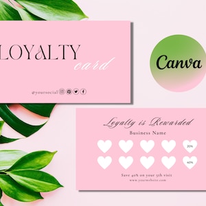 Modelo de cartão de fidelidade rosa, editável em Canva, cartão de recompensas para impressão, cartão de fidelidade do cliente, branding, unhas, maquiador, depilação, spa