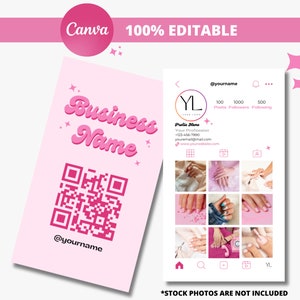 Plantilla de tarjeta de presentación de Instagram, tarjeta rosa retro, tarjeta de presentación de IG, tarjeta de presentación con código QR, belleza, uñas, negocio de pestañas, bricolaje, Canva editable