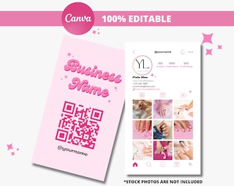 Instagram Business Card Template, Retro Pink Card, IG Business Card, QR Code Business Card, Beauty, Nails, Lash Business, DIY Canva Editable