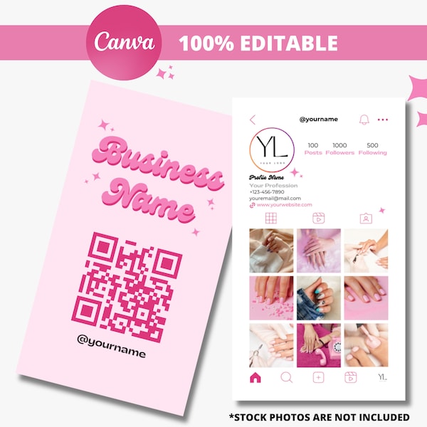 Instagram Business Card Template, Retro Pink Card, IG Business Card, QR Code Business Card, Beauty, Nails, Lash Business, DIY Canva Editable