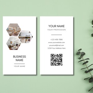 Foto Visitenkarten Vorlage, Waben Visitenkarte, Minimale Visitenkarte, druckbare Visitenkarten, QR Code Karte, DIY, Canva Editierbar