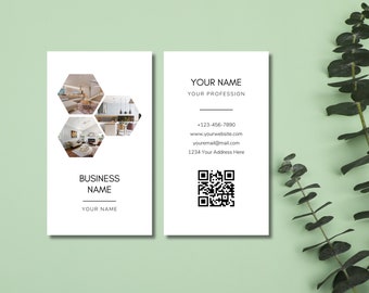 Photo Business Card Template, Honeycomb Business Card, Minimal Business Card, Printable Business Cards, QR Code Card, DIY, Canva Editable