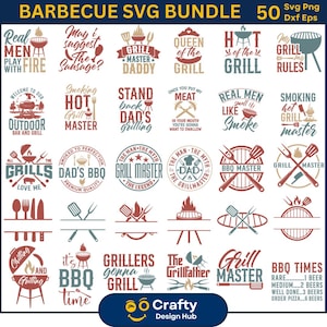 Könnte beinhalten: Eine Sammlung von 50 BBQ-Themen-SVG-Designs in Rot, Blau und Schwarz. Die Designs enthalten Texte wie "Grill Master", "BBQ Time" und verschiedene Grill-bezogene Phrasen und Illustrationen.