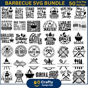 May include: A collection of 50 barbecue-themed SVG designs in black and white. The designs include text such as "Grill Master," "BBQ," and "Real Men Play With Fire," along with illustrations of grills, utensils, and flames. The designs are suitable for various crafting projects.