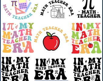Può includere: Nove design digitali colorati con il testo "In My Math Teacher Era" con vari simboli e illustrazioni matematiche, tra cui una calcolatrice, un goniometro, una bussola, una mela e un fulmine. I design sono in stile retrò con caratteri grassi e colorati.