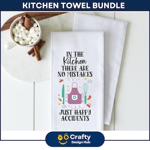 Może przedstawiać: Biały ręcznik kuchenny z tekstem "In the Kitchen There Are No Mistakes Just Happy Accidents" i r&oacute;żowym fartuchem z kuchennymi narzędziami i wzorem kwiat&oacute;w.