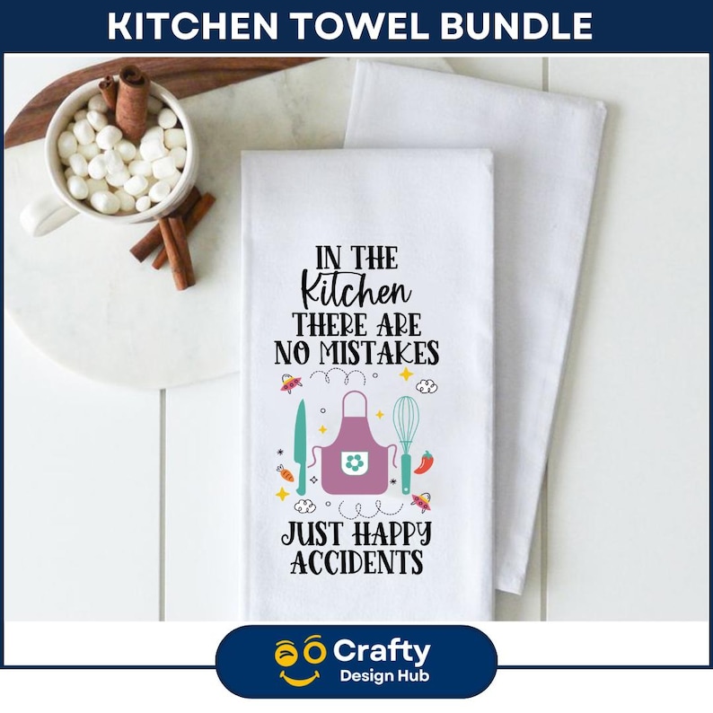 Może przedstawiać: Biały ręcznik kuchenny z tekstem "In the Kitchen There Are No Mistakes Just Happy Accidents" i r&oacute;żowym fartuchem z kuchennymi narzędziami i wzorem kwiat&oacute;w.