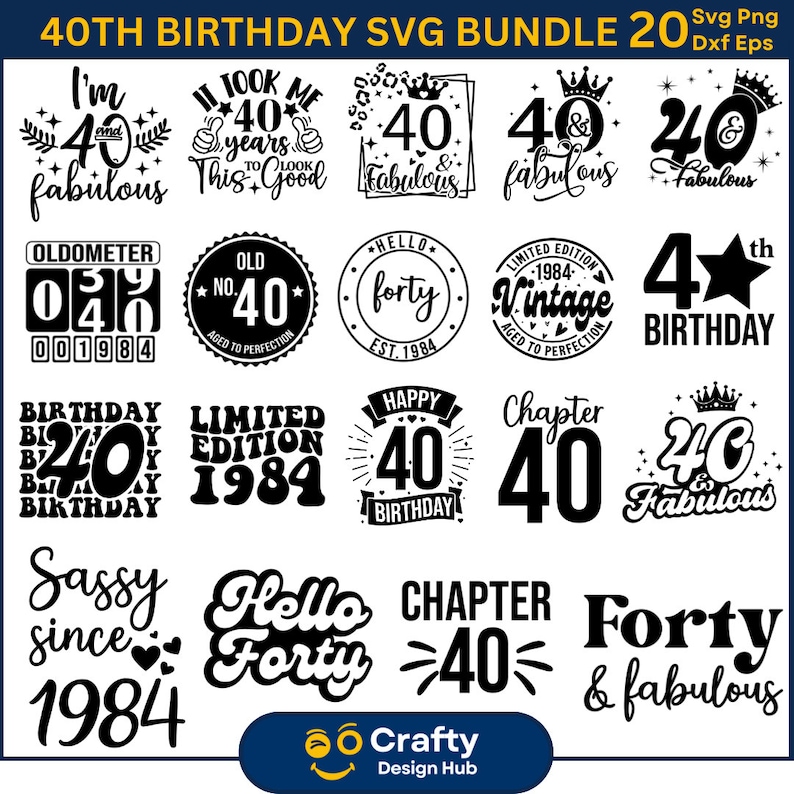 May include: A set of 20 black and white SVG designs for a 40th birthday. The designs include text, numbers, and graphics. The designs are perfect for creating invitations, cards, and other party decorations.