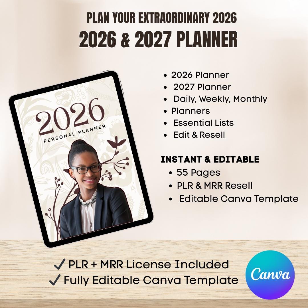 2026-2027 Planner, MRR PLR Digital Planner, Editable Canva Templates ...