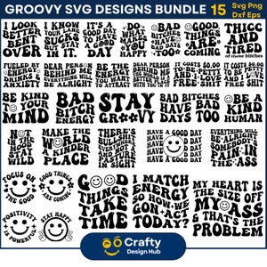 30 Groovy-Svg-Bundle, Hippie-Svg, gewellter Text-Svg-Design, inspirierendes Zitat svg, motivierende svg, trendige svg, positive svg, groovy Designs