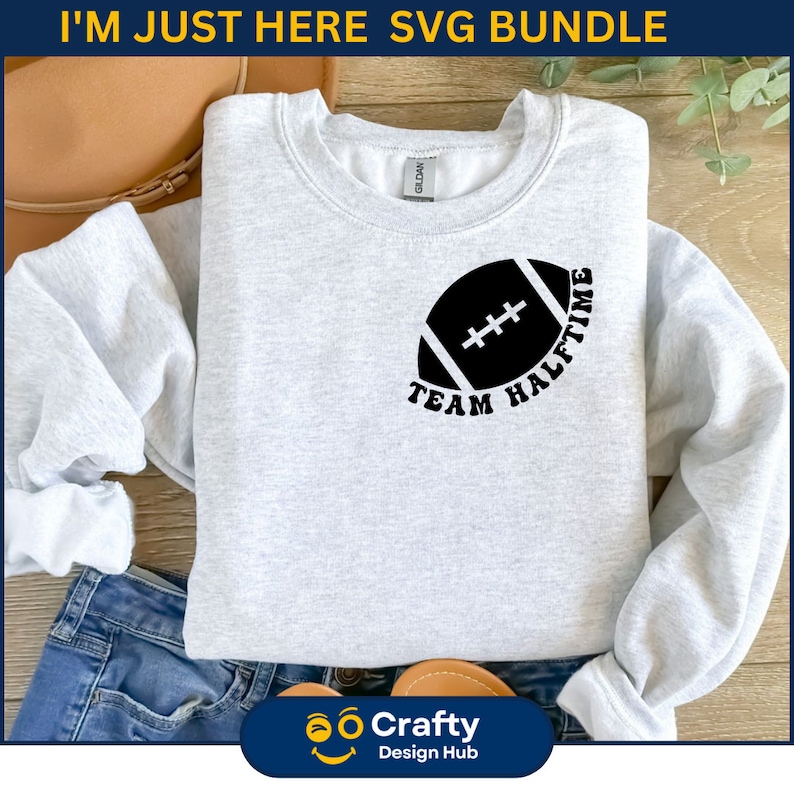 May include: A gray sweatshirt with a black football design and the text "Team Halftime".