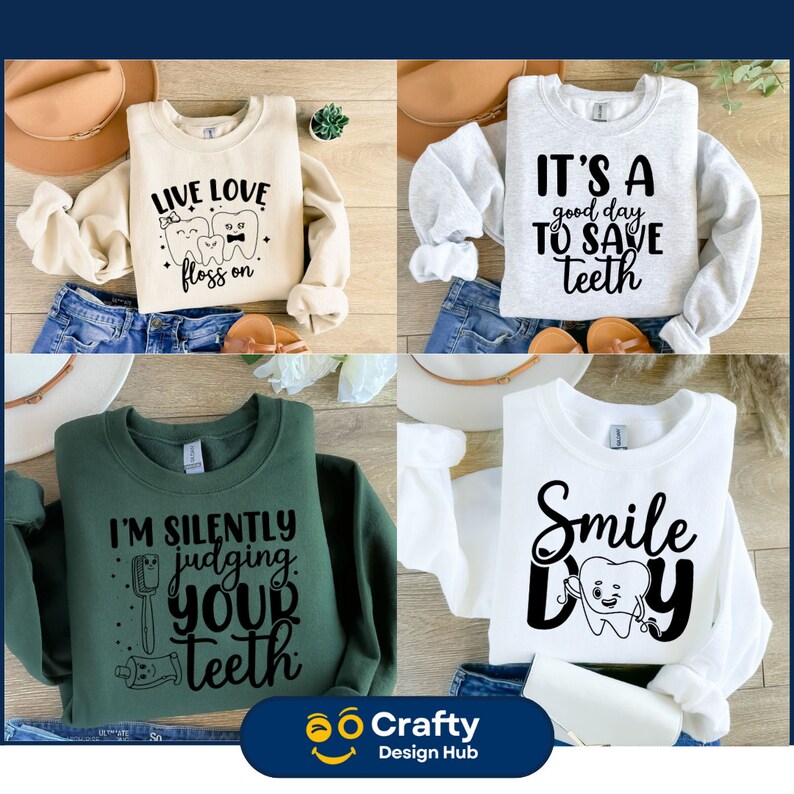 Pu&ograve; includere: Quattro diversi design di felpe con testo e grafica a tema dentale. Le felpe sono di vari colori, tra cui bianco, grigio, verde e beige. Il testo sulle felpe include "Live Love Floss On", "It's a good day to save teeth", "I'm silently judging your teeth", e "Smile Day".