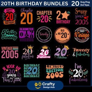 Pacote SVG colorido de 20º aniversário, camiseta SVG de 20º aniversário, Svg de feliz aniversário, presente de 20º aniversário, camiseta SVG de aniversário, clipart de aniversário