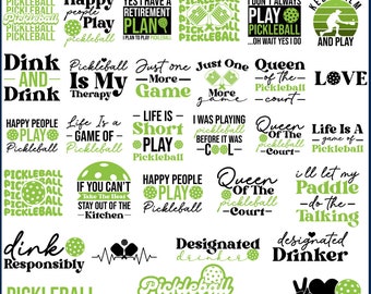 May include: A digital download of 30 pickleball SVG designs. The designs feature various pickleball-themed phrases and images, including "Happy People Play Pickleball", "Queen of the Pickleball Court", and "Life is a Game of Pickleball".