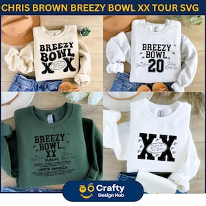 May include: Four sweatshirts in cream, gray, green, and white, each featuring the text "BREEZY BOWL XX" with additional text and graphics. The sweatshirts are displayed with jeans, hats, and sandals.