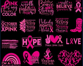 Puede incluir: Un conjunto de 12 diseños SVG de concienciación sobre el cáncer de mama en rosa y negro. Los diseños presentan cintas rosas, flores y citas inspiradoras como "Brave and Strong", "Hope", "Love" y "Soy una superviviente".