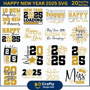 Feliz Ano Novo SVG Bundle, Olá 2025 Svg Png, Roupa de Ano Novo svg, Design de camiseta para festa de Ano Novo, Ano Novo 2025 SVG, novos capítulos png